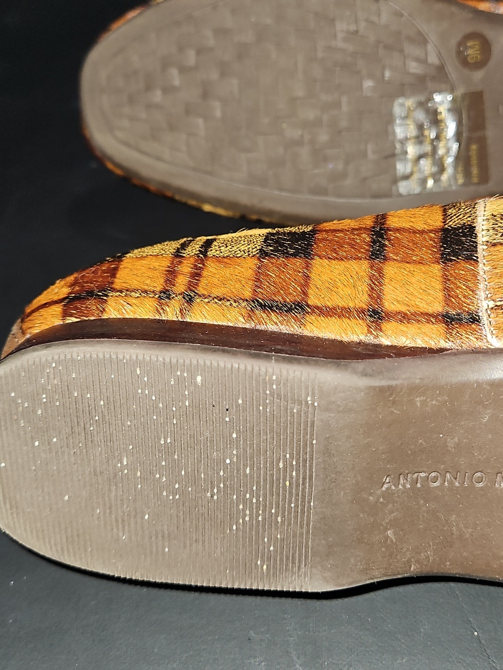 ANTONIO MELANI Yellow and Brown Plaid Calf Hair Women's Loafers Size 9 - Picture 8 of 13